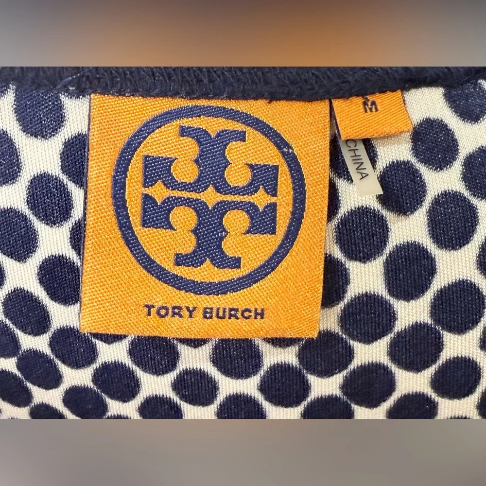 Tory Burch Silk Beaded Polka Dot Midi Cocktail Dress Cream Navy Medium